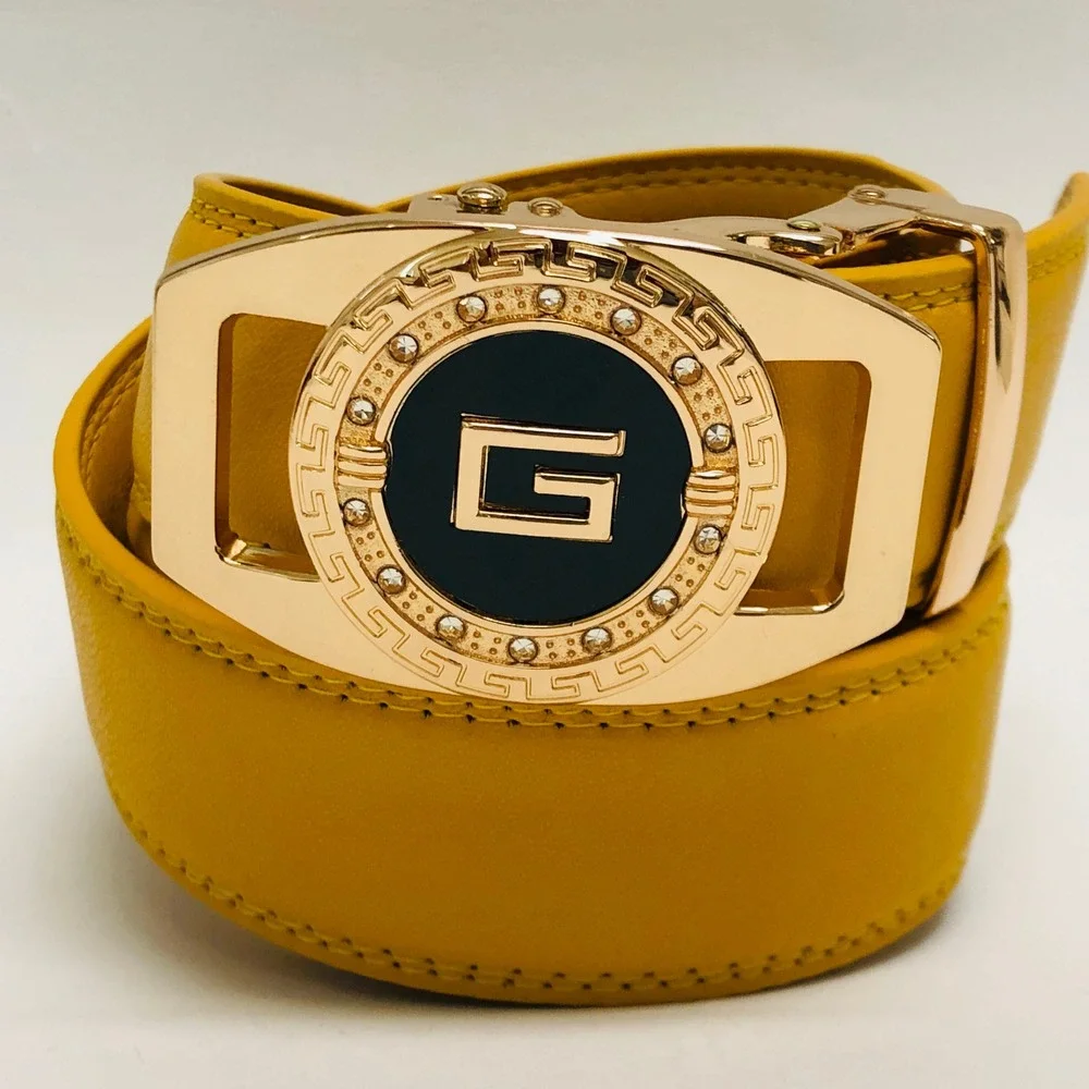 Gold Buckle Leather Mustard Belt Designer Style Fashion Belt Automatic Buckle